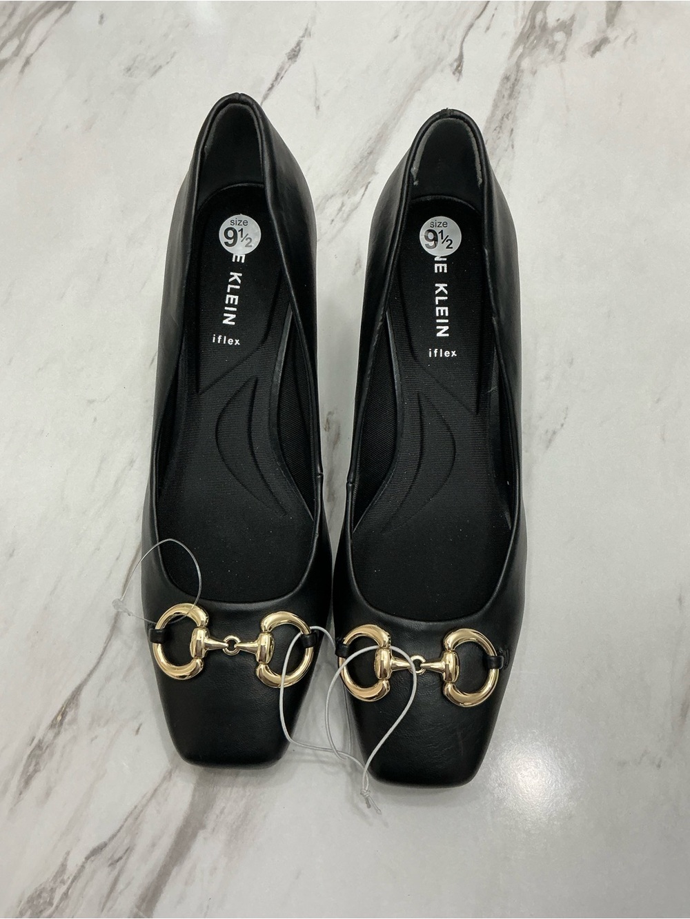 Anne Klein Black Leather Heels with Gold Bit Detail